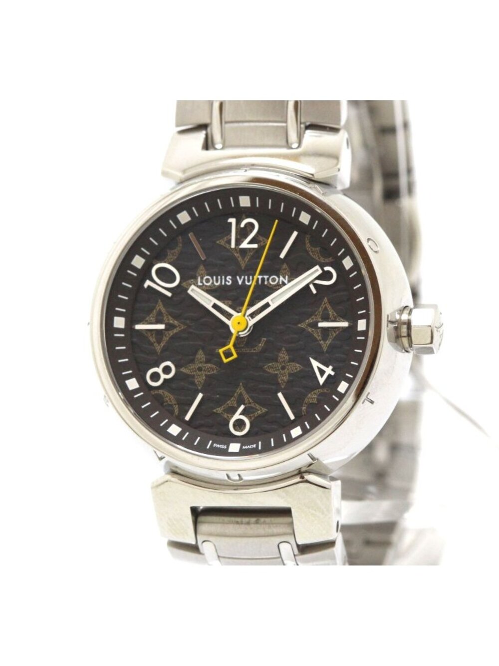 Louis Vuitton Tambour PM Watch SS Stainless Steel Monogram Canvas Strap Brown